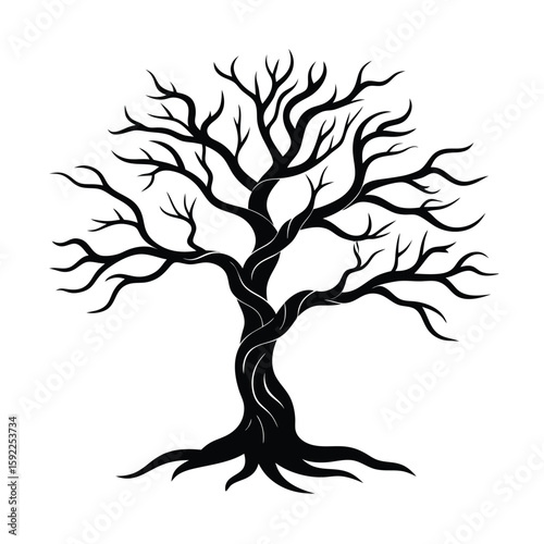 Ancient Tree With Twisted Limbs In Forest Scene Line Art Vector illustration