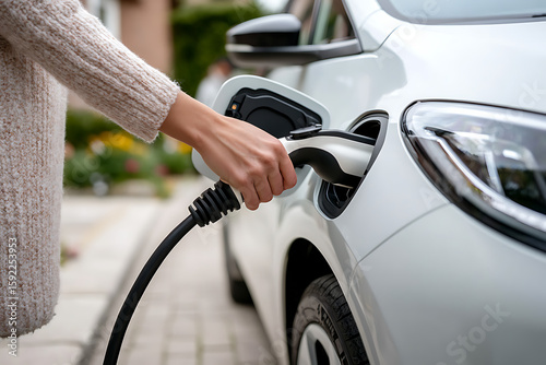 Electric Vehicle Charging: Person plugging in a white electric car for sustainable transportation. Eco-friendly mobility for a greener future.