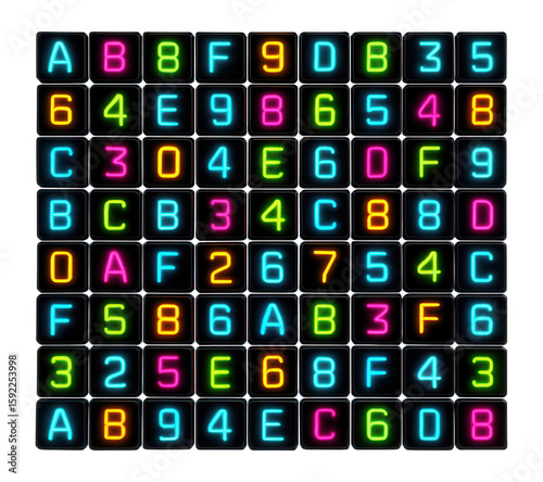 A shifting mosaic of tiles, each tile displaying a matrix of changing alphanumeric characters.