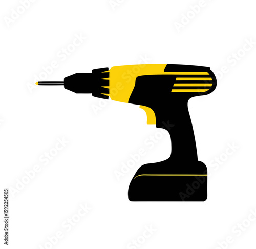 drill, power drill, cordless, construction, home improvement, tool, vector, illustration, yellow, black, portable, handheld, equipment, device, hardware, electric, workshop, repair, diy, building,