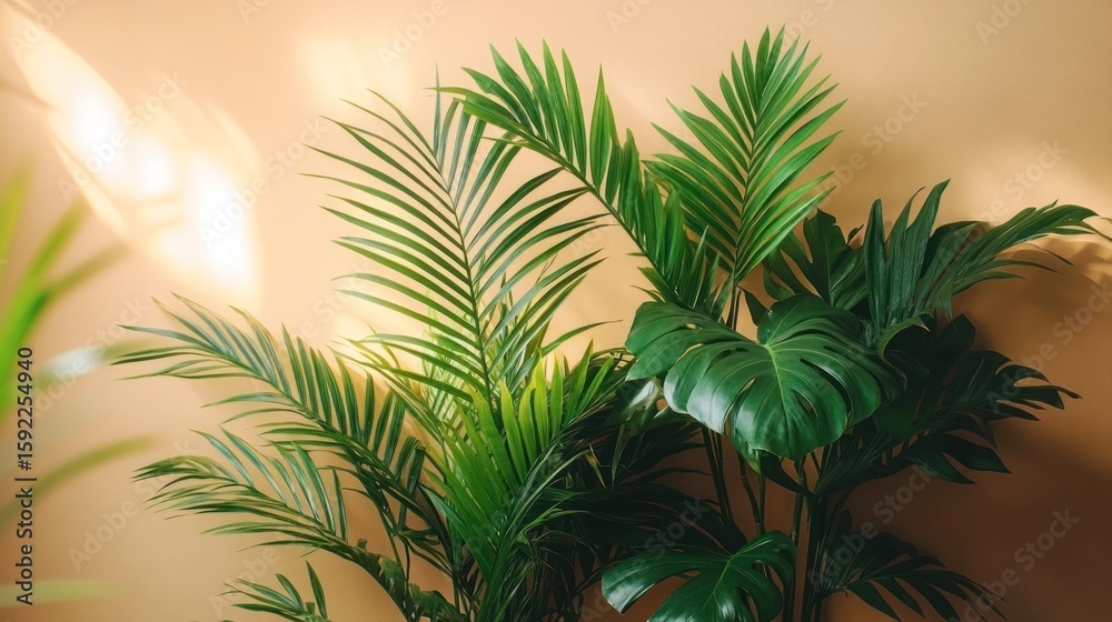 Lush indoor plants against a beige wall Lush indoor plants against a beige wall