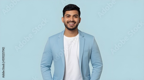 Confident Young Indian Businessman in Light Blue Blazer Smiling on Blue Background
