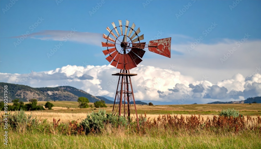 Rustic windmill on a vast, open field under a partly cloudy sky Rustic windmill on a vast, open field under a partly cloudy sky
