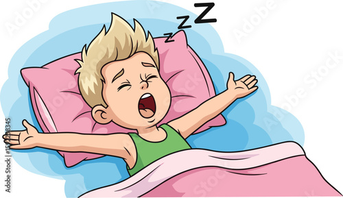 Cute child yawning in bed, peaceful morning routine, blond hair, pink pillow, green shirt cartoon, sleepy adorable character illustration