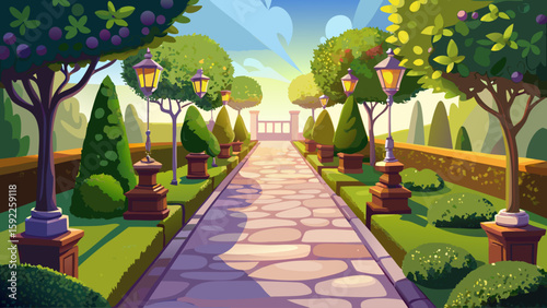 Paved garden pathway with lanterns and trimmed hedges. Serene and well-kept backyard