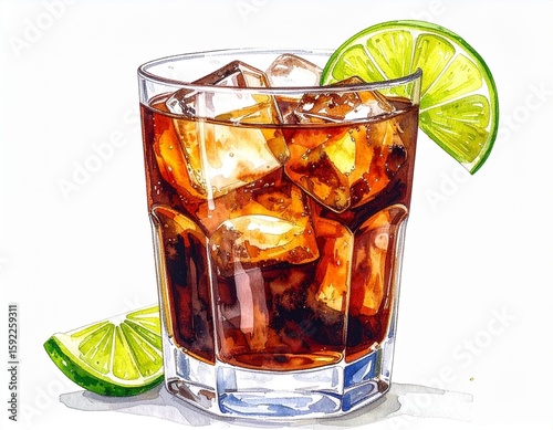 Watercolor cuba libre drink with ice cubes and lime on white background