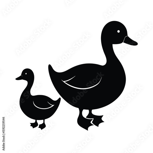 Duck Leading Ducklings In Tranquil Water Scene Line Art Vector illustration