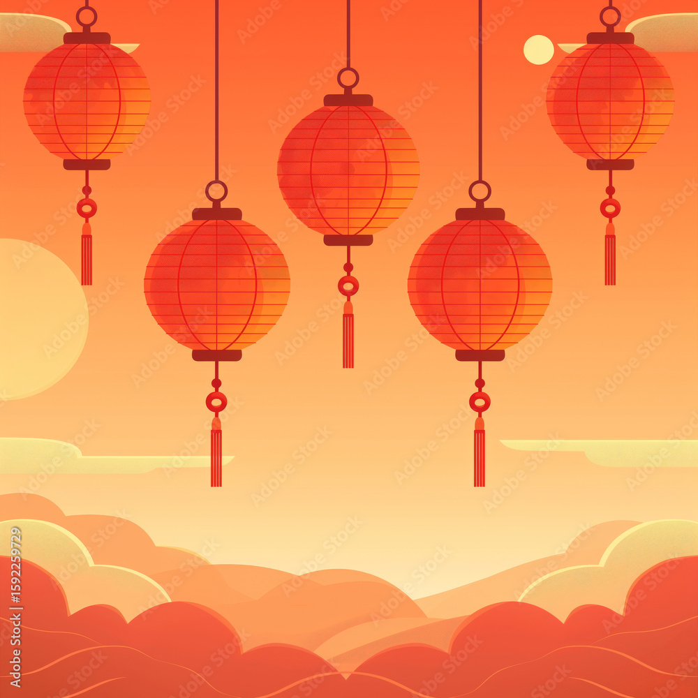 Fototapeta premium Hanging asian red lantern for holiday celebration. Decorative chinese lamp art design. Orange and yellow background for traditional festival.