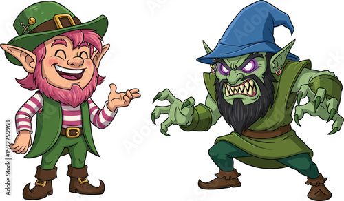 Happy leprechaun, angry goblin, fantasy cartoon characters, colorful illustration, storytelling scene, magical creatures, vector art, emotional contrast, creative design, vibrant mood