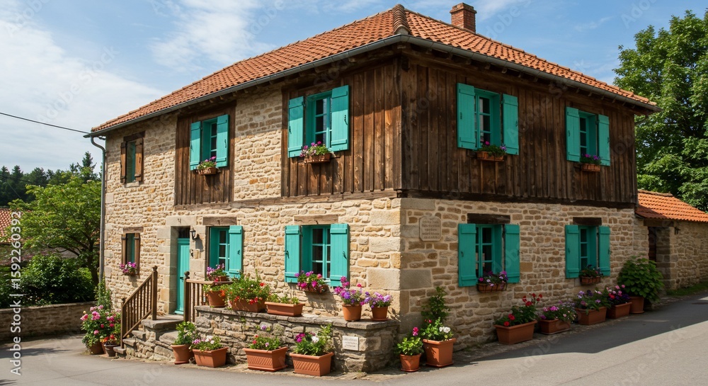 Fototapeta premium Charming European house with vibrant shutters