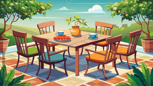 Outdoor dining table with four chairs on tiled patio, ready for family meal