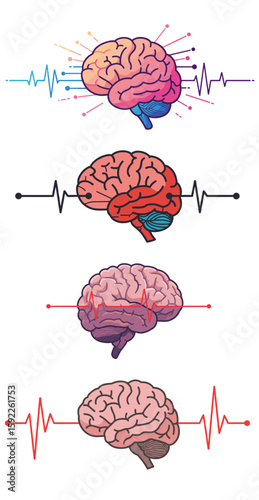 Illustration of colorful brains with heartbeat lines, brain with pulse line 