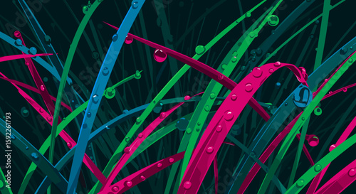 Colorful grass with water droplets on dark background, grass with dew