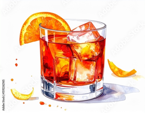 Negroni cocktail with orange slice on rim, watercolor illustration on white background