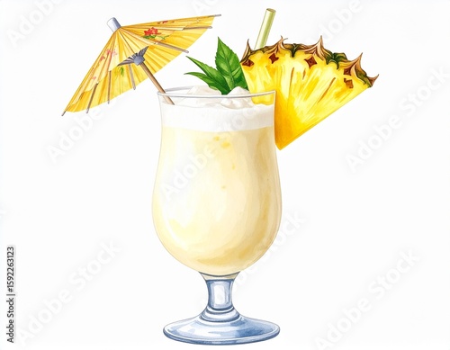Exotic pineapple cocktail with straw and umbrella in watercolor