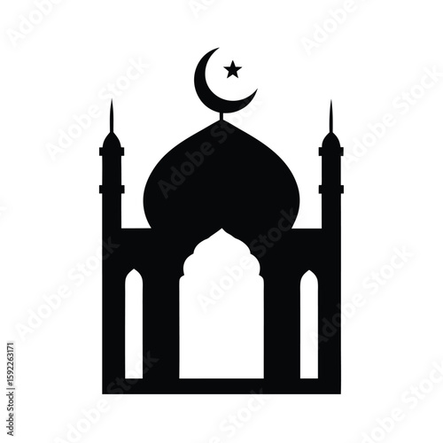 Crescent Moon Shining Over Traditional Mosque Gate Line Art Vector illustration