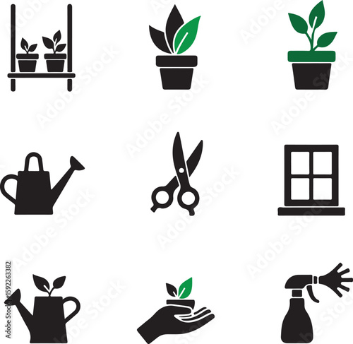 Flower Care Icons. Solid, filled icon set of flower care tools: watering can, pruning shears, garden gloves, fertilizer bag,