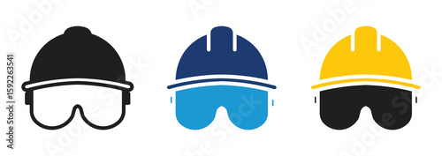 Protection glasses and hardhat icon. Safety first symbol. Worker, builder, helmet, manufacture, engineer, personal protect. Outline, flat and colored style. Flat design. Vector illustration.