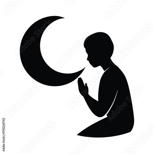 Devoted Person In Prayer Beneath Crescent Moon Light Line Art Vector illustration