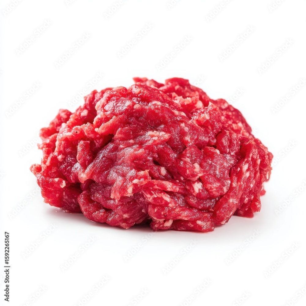 Obraz premium Fresh Raw Ground Beef Isolated on White Background, Close-Up of Minced Meat for Cooking, Ingredient for Burgers, Meatballs, Bolognese Sauce, Healthy
