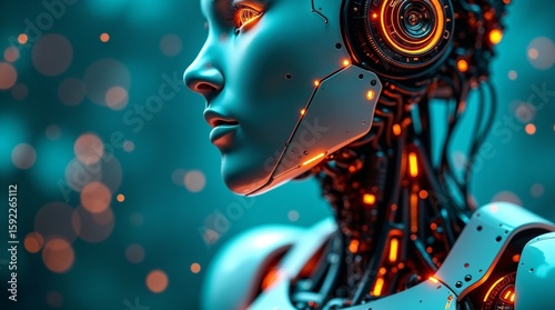 Close-up of a futuristic robot's upper body showing glowing orange circuits and detailed mechanical neck against a blurred blue background