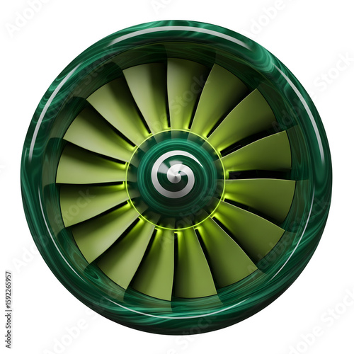 3D Green Jet Engine Turbine - Front View, Industrial Power, Aviation Technology, Eco-Friendly Thrust, Sustainable Machinery, Clean Energy Transport