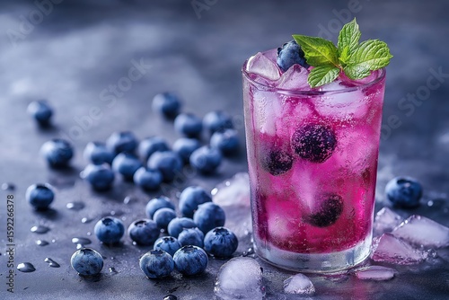 Frozen blueberry soda in glass on white stone, crisp lighting and contrast