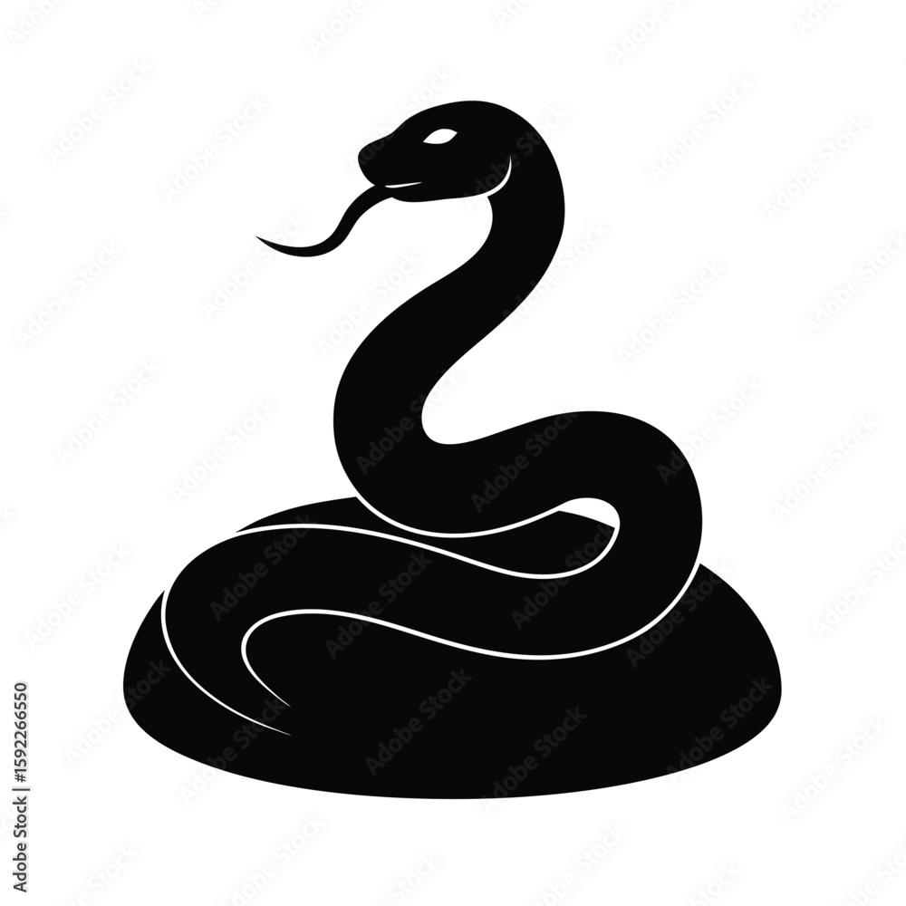 Fototapeta premium Coiled Snake Resting Quietly On Large Rock Surface Line Art Vector illustration