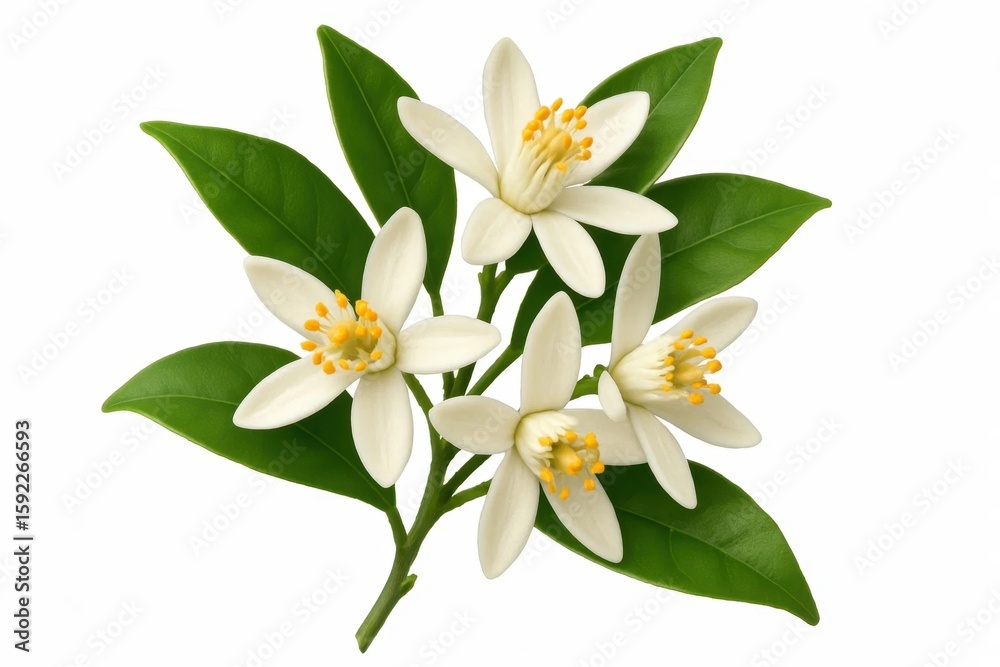 Fototapeta premium A Close-Up of White Narcissus Flowers on a Green Leafy Stem