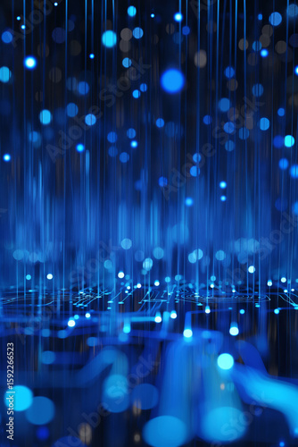 Blue glowing light trails and bokeh over circuit board. Abstract data transmission network line. Digital technology background.