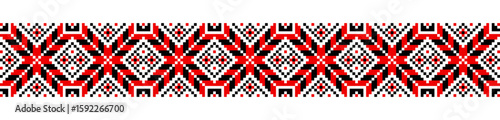 Traditional geometrical ornament isolated on white. Ukrainian Vyshyvanka. Cross stitch. Embroidery in black and red colors . Seamless pattern in vector. Element for design