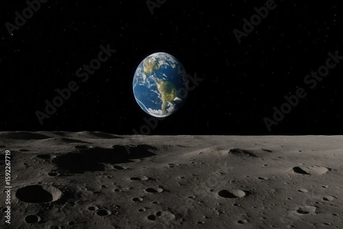 A lone celestial body gazes over a barren moon, its blue surface dotted with white clouds, as it orbits the Earth in the vast expanse of space