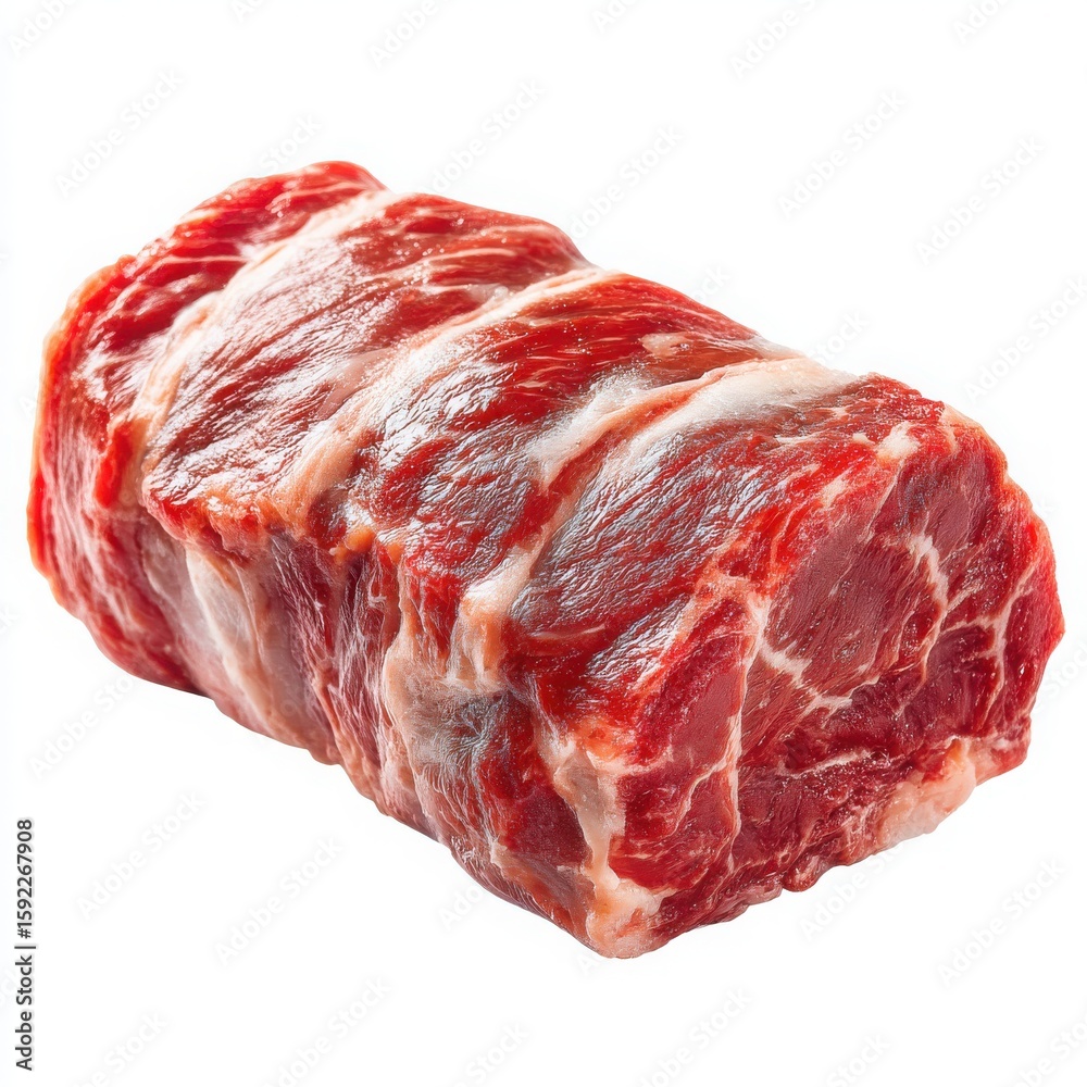 Fototapeta premium Raw Chuck Roast Beef Isolated on White Background, Fresh Red Meat with Marbling, Ready for Cooking, Perfect for Slow Cooking and Braising