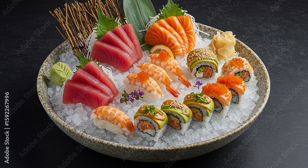 Sushi sashimi platter atop ice Sushi sashimi platter atop ice