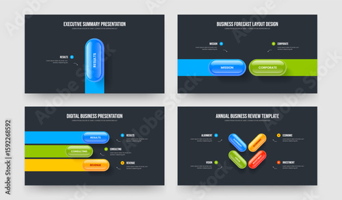 Sales Review 1 2 3 4 Option Diagram Slide Design Set. Product Development One Two Three Four Element Infographic Slideshow Layout Vector Illustration Bundle.