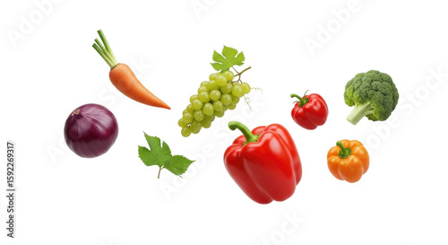 Fresh assorted vegetables and fruits including grapes, bell peppers, and carrots cutout isolated on transparent bg, png