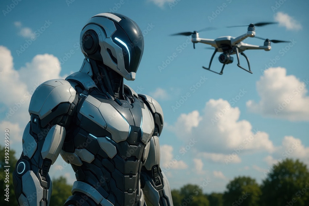 Naklejka premium A lone robot stands guard against the vast blue sky, its sleek design reflecting the sunlight as it surveys the serene landscape below