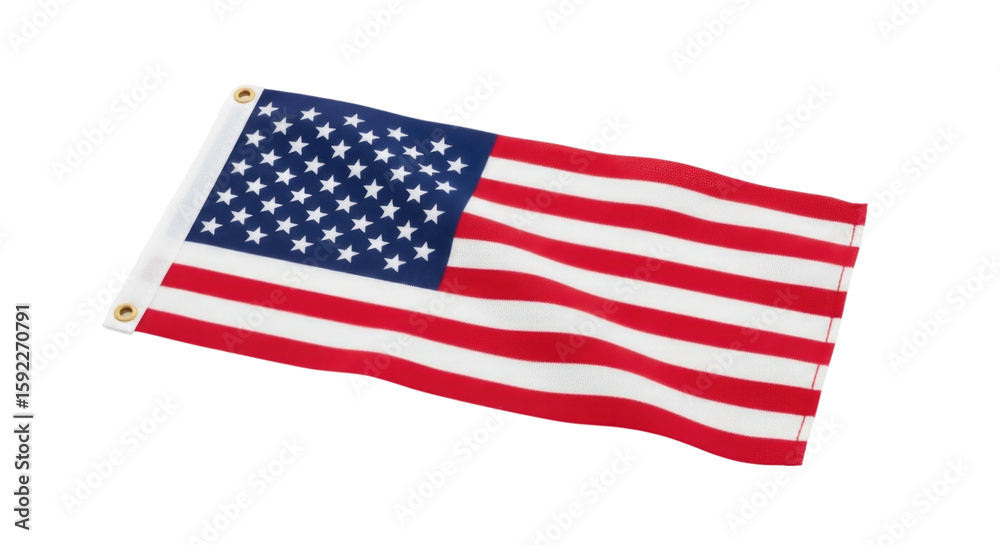 Fototapeta premium American flag waving gently on a white surface cutout isolated on transparent bg, png