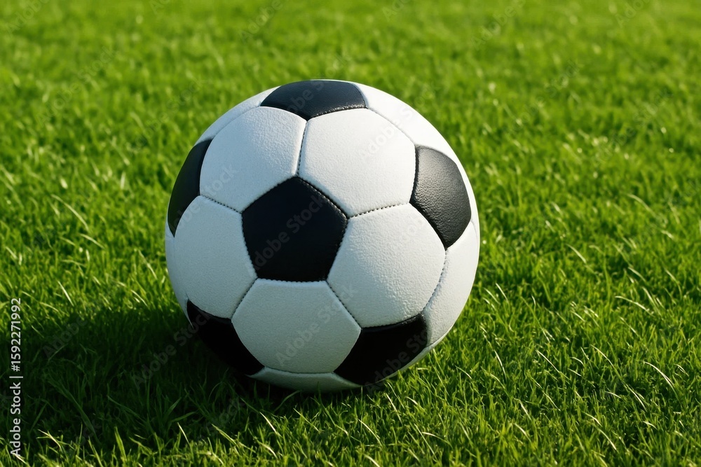 Fototapeta premium A lone soccer ball rests on the verdant expanse of a well-manicured field, symbolizing anticipation and readiness in the world of sports