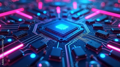 Close-up of a glowing microchip on a neon-lit circuit board, symbolizing advanced technology, electronics, and digital innovation
