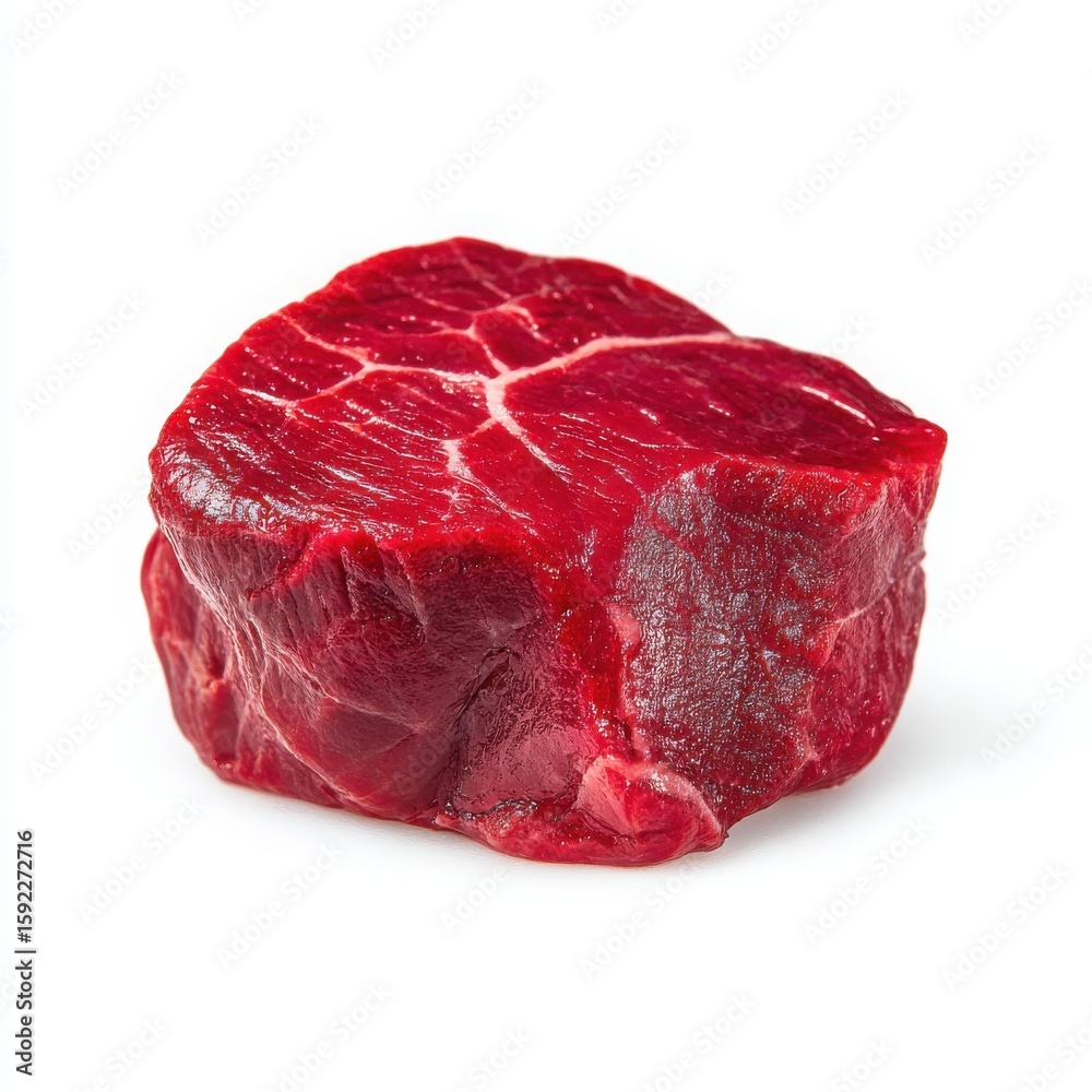 Fototapeta premium Fresh Raw Beef Filet Mignon Steak Isolated on White Background, Premium Cut of Red Meat with Marbling, Ready for Cooking, Gourmet Food Photography