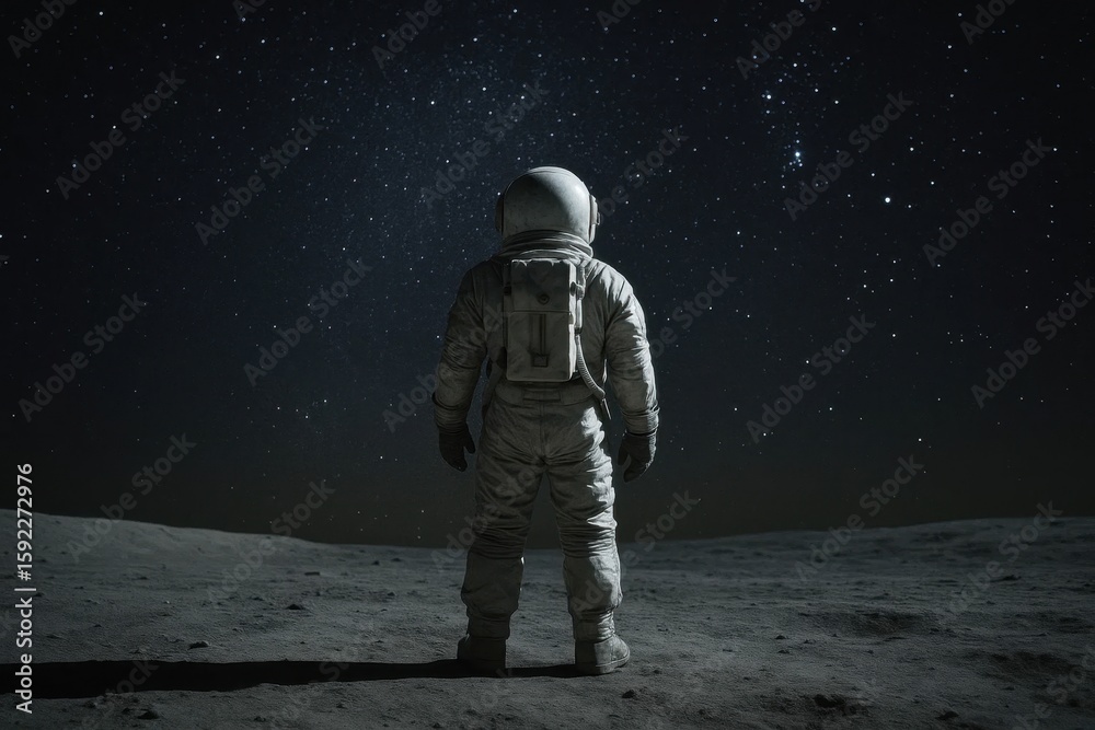 Obraz premium A lone astronaut stands against the cosmic backdrop of stars on the moon, embodying humanity's quest for exploration and discovery