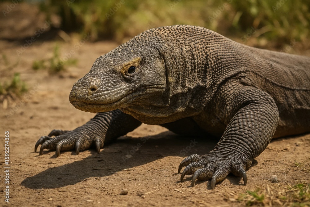 Obraz premium A solitary monitor lizard stretches its powerful front legs on a dry, dusty ground, poised with an alert gaze that speaks of the wild and untamed nature of these fascinating creatures
