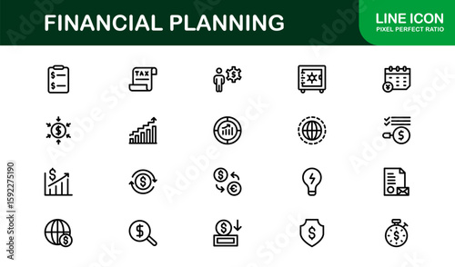 Financial Planning Line Icon Collection – Unique, creative, and premium outline icons featuring concepts of money management, finance, and economic planning