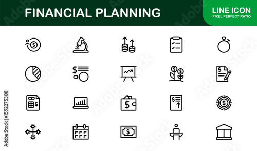 Financial Planning Line Icon Collection – Unique, creative, and premium outline icons featuring concepts of money management, finance, and economic planning