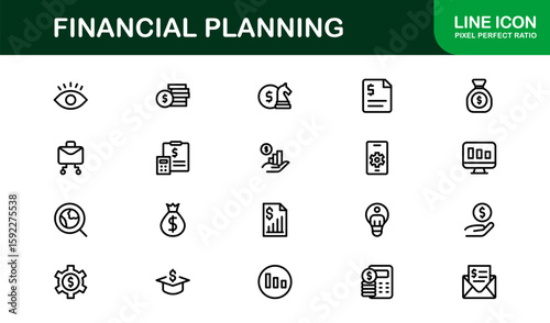 Financial Planning Line Icon Collection – Unique, creative, and premium outline icons featuring concepts of money management, finance, and economic planning