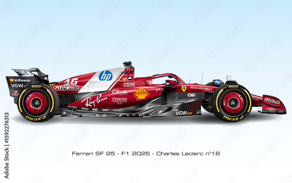 Obraz premium Maranello, Modena, Italy, february 19 2025, presentation of the Ferrari SF-25 Formula 1 sport car, Charles Leclerc, 2025 formula one world championship, graphic illustration