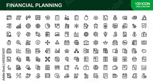 Financial Planning Line Icon Collection – Unique, creative, and premium outline icons featuring concepts of money management, finance, and economic planning