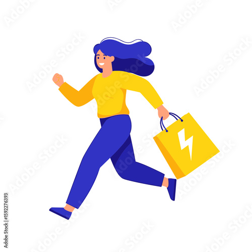 Energetic Woman Running with Shopping Bag Flat Vector Illustration