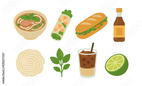 Illustrated vietnamese cuisine with pho, banh mi, and iced coffee